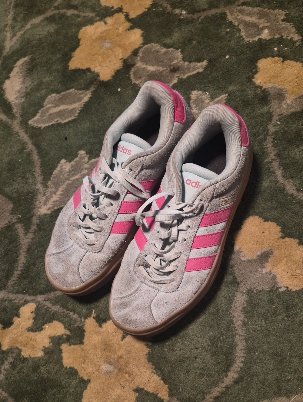 adidas Women’s Gray Suede Sneakers with Pink Stripes